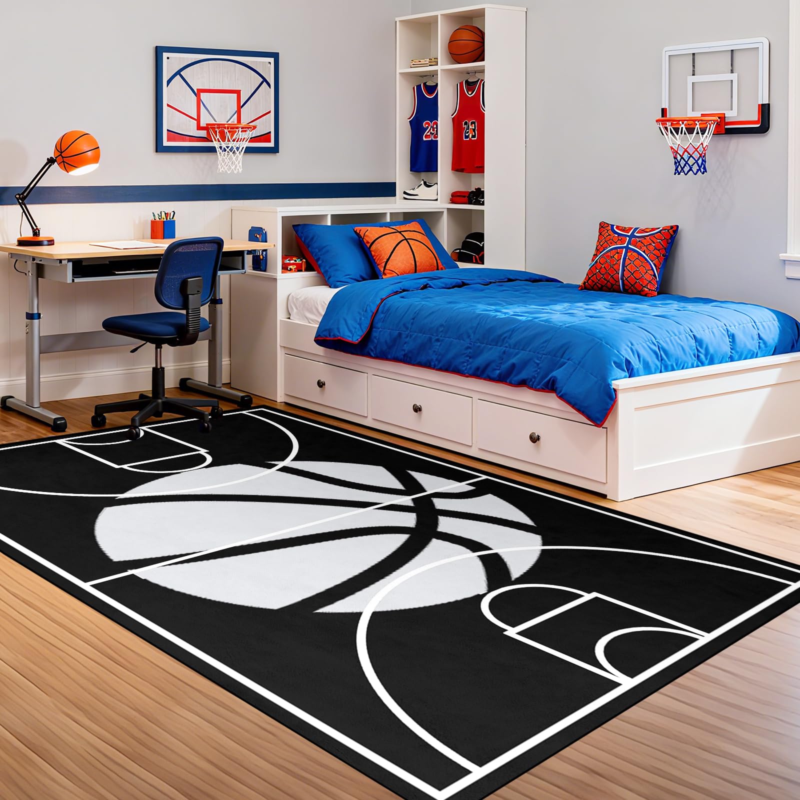 Basketball Court Rug - Basketball Rug for Boys Bedroom Sports Carpet for Boys Bedroom Sports Rug for Room Decor,Black,2'5''×4'