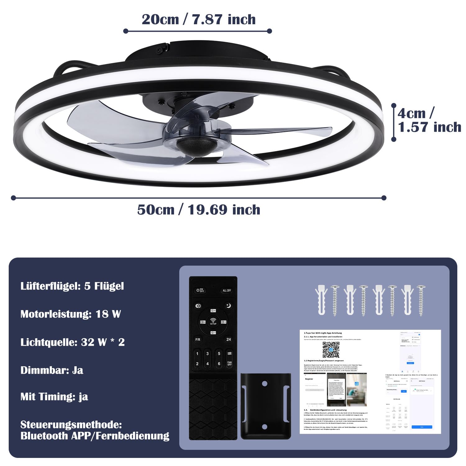 Daromigo 2 x Ventilatore da Soffitto con Luce Ø50 cm, Ventilatore LED Dimmerabile con Telecomando e App Bluetooth, 6 Velocità, Timer, Funzione Reversibile Estate/Inverno, per Camera, Nero