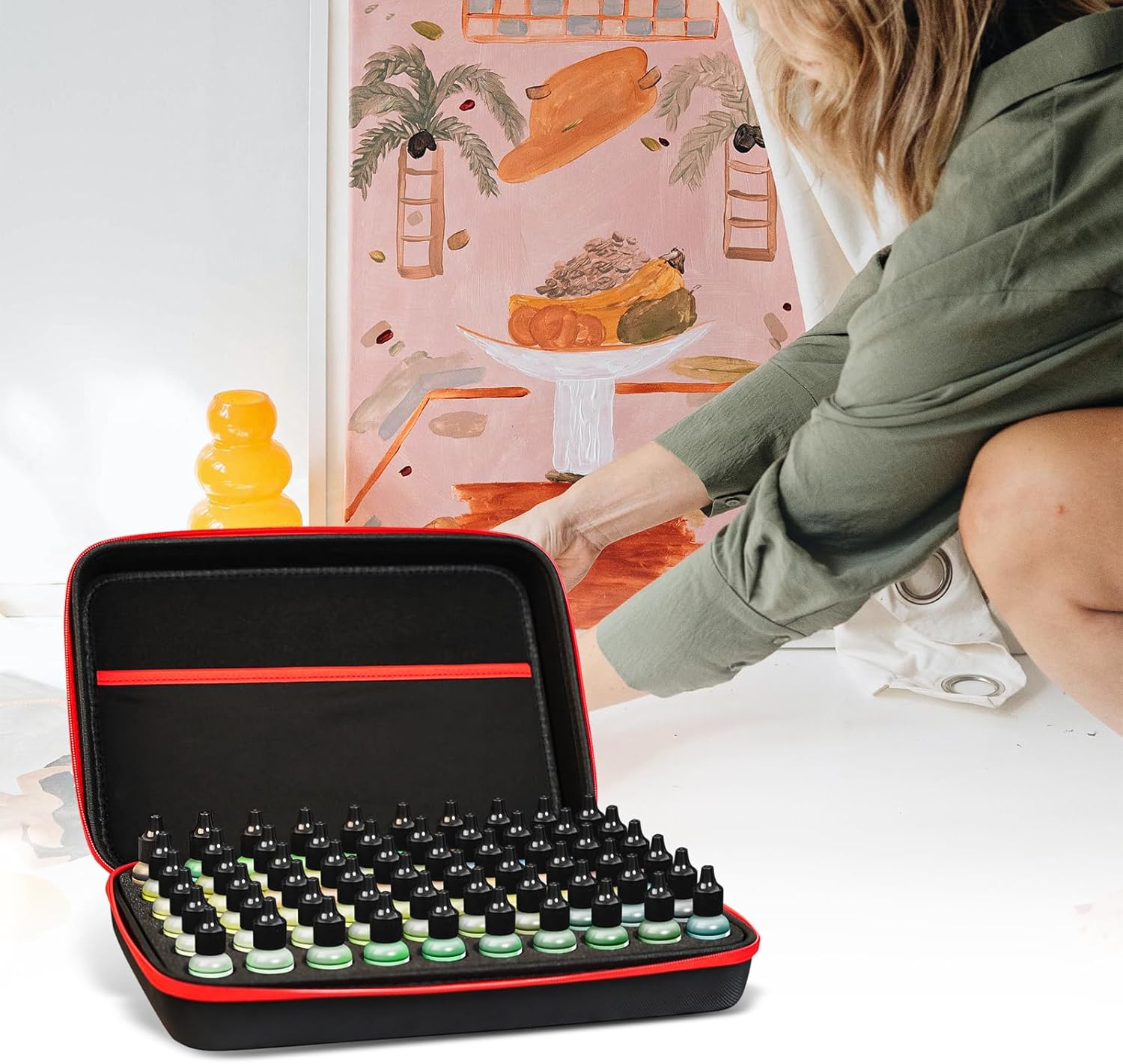 Alcohol Ink Storage Case，60 Bottles Miniature Paint Organizer with Foam Bases and Inner Storage Pocket (Ink not Included)