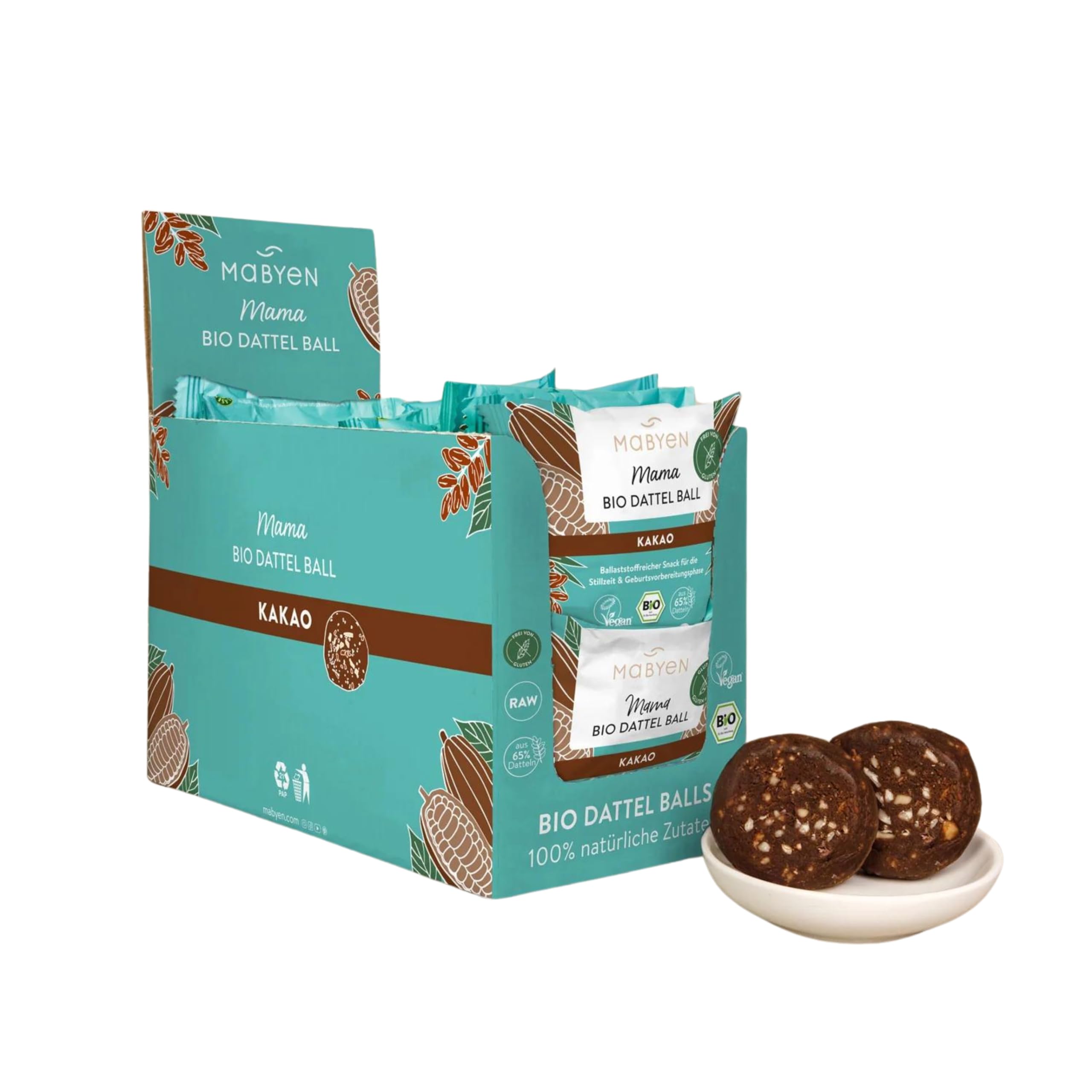 MABYEN Mama Bio Dattel Bälle Kakao – Bio Dattel Snack ohne Zuckerzusatz, Veganer Energy Snack mit 65% Datteln, Mandeln & Kakao, für bewusste Pausen, 20 Stück