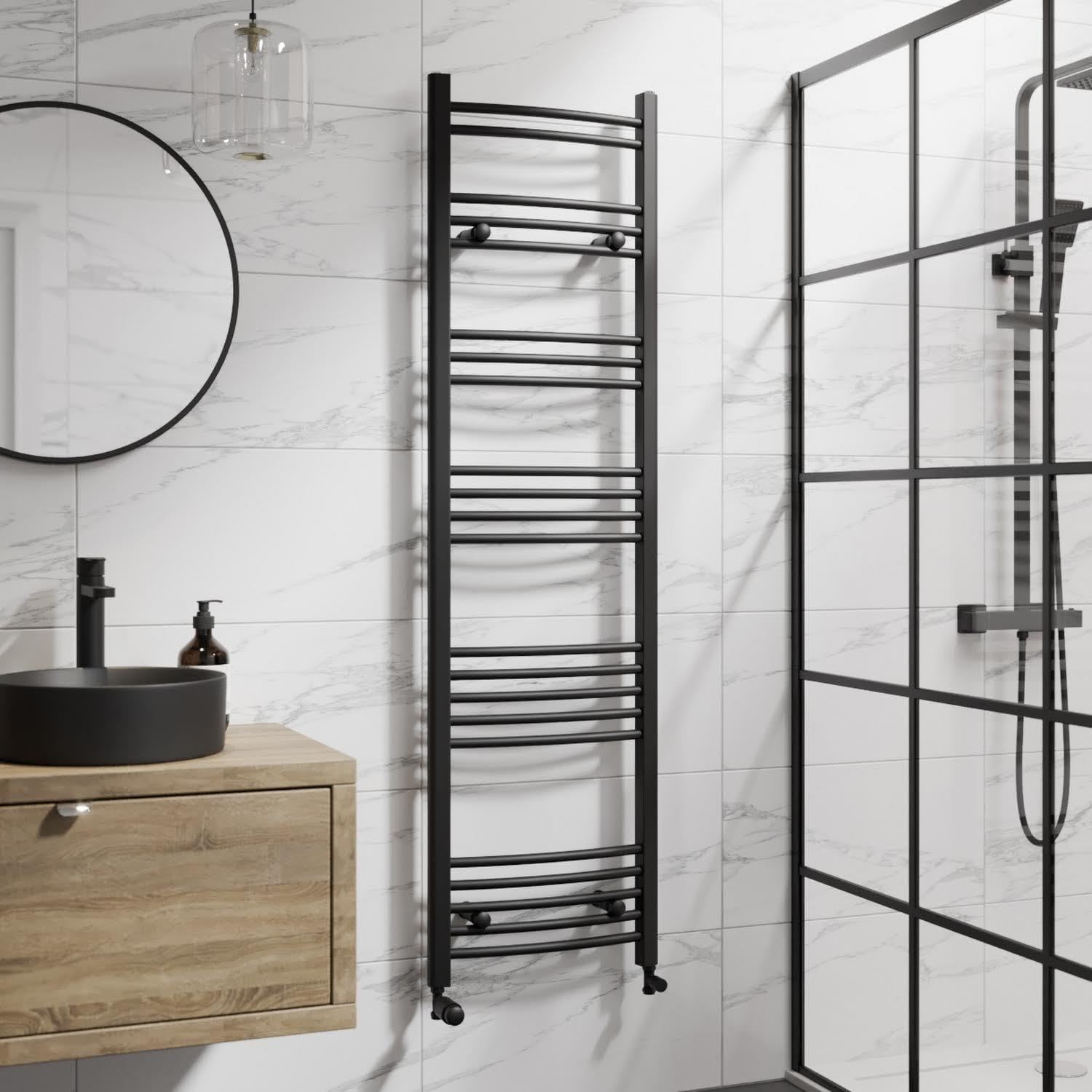 Duratherm Black Duratherm® 1600 X 450Mm Curved Heated Towel Rail Radiator Modern Central Heating Bathroom Warmer Wall Mounted Ladder Rad, Matt