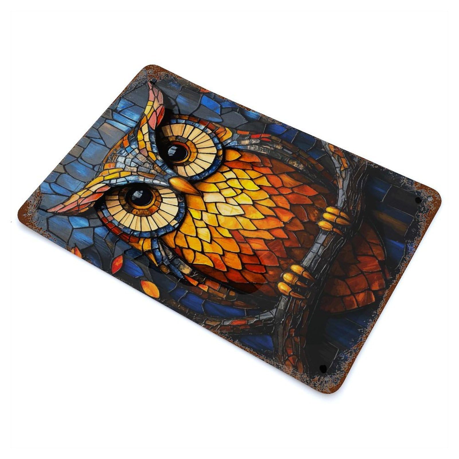 Aged Metal Wall Plaque with Mosaic Owl Art Design 11.8"x7.9", for Basement, Hobby Room And Garage Decor, Farmhouse Wall Decor