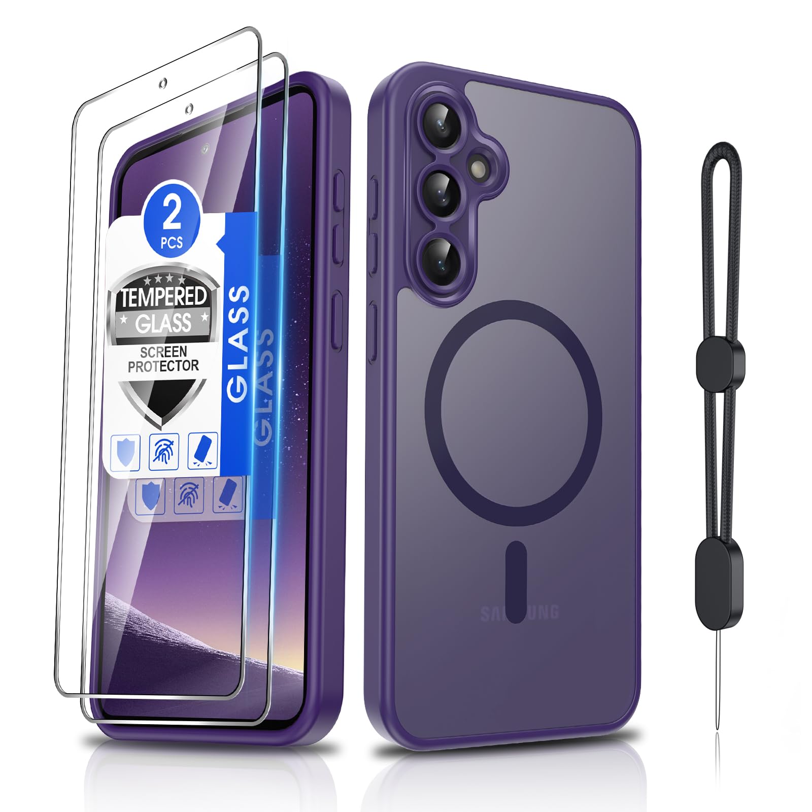 Dizn for Samsung Galaxy S23 FE Cover,[Not Fit S23],S23FE Phone Case with Tempered Glass Screen Protector,Compatible with MagSafe,Matte Translucent &amp; Military Shockproof for S 23FE (6.4"),Dark Purple