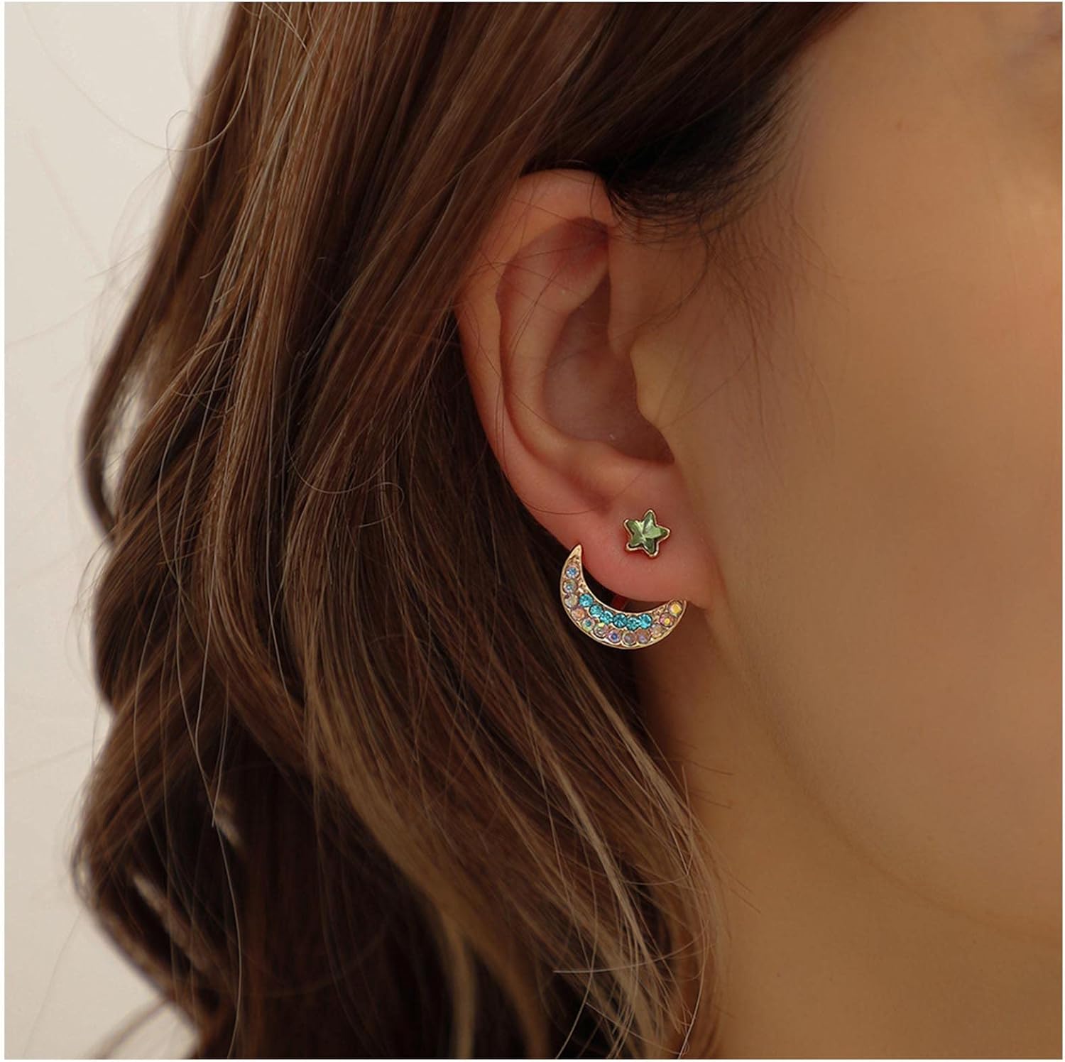 Bohemian Crystal Moon Ear Jacket Earrings Rhinestone Star Moon Earrings Green Cz Star Earrings Color Paved Cz Crescent Moon Earrings Jewelry for Women - Image 2
