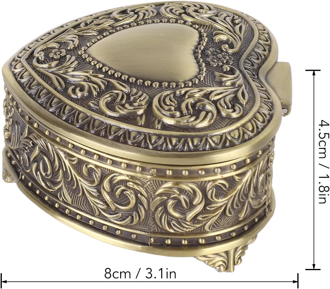Pssopp Bronze Vintage Heart Jewelry Box, Ring Small Trinket Jewellery Storage Organiser Christmas Gift Vintage Heart Shaped Storage Box for Women Gifts - Image 2