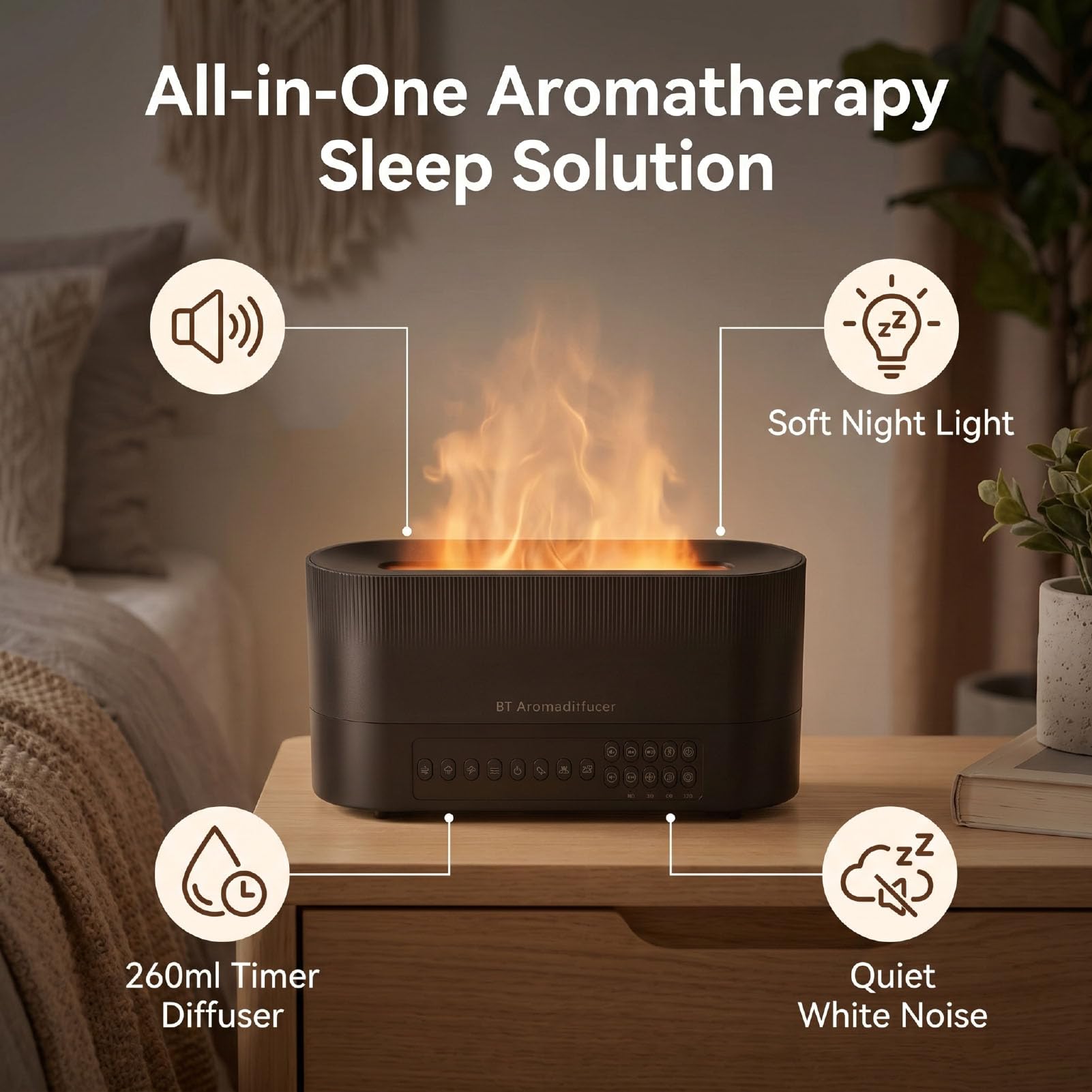 Umidificatore con Diffusore di Olio con Altoparlante, 260 Ml | Rumore bianco e luce notturna, timer intelligente, spegnimento automatico, nebbia fredda silenziosa, alimentazione USB
