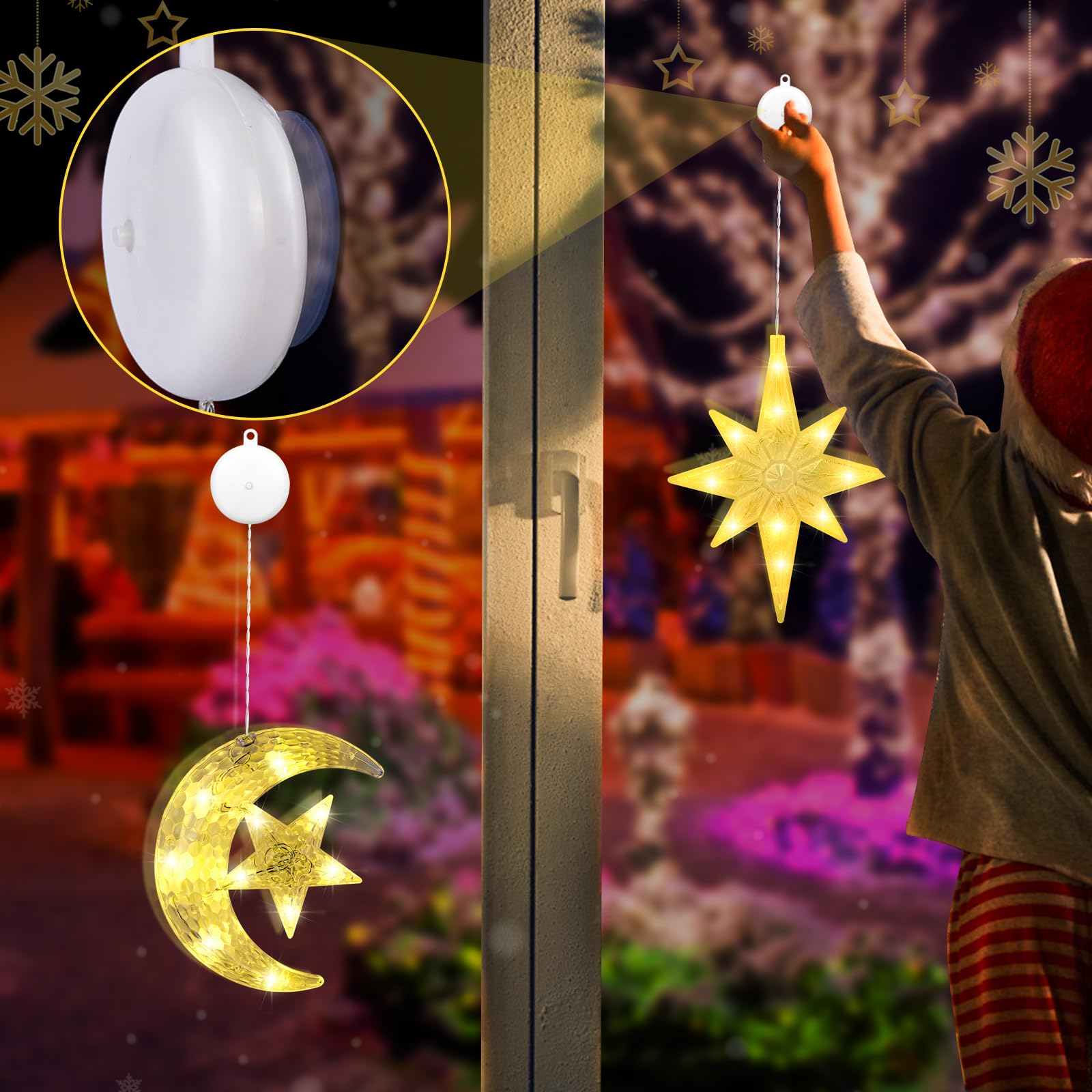 FORMIZON Luci Natale a Ventosa Finestre, Luci LED Natale Stelle, Luminarie Natalizie, Decorazioni Natalizie Luce per Albero di Natale Porta Finestre Interni (moon and stars)