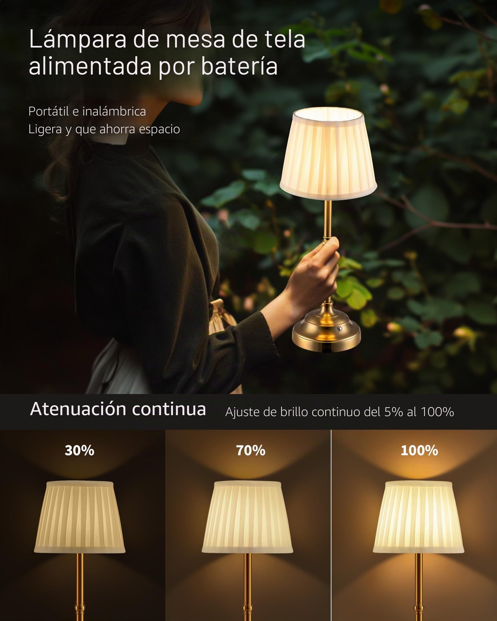 NEWSEE Lámpara de mesa inalámbrica recargable táctil, portátil, regulable, retro, funciona con pilas de 4000 mAh, adecuada para interiores, exteriores, bares, campamentos. (bronce + lámpara beige