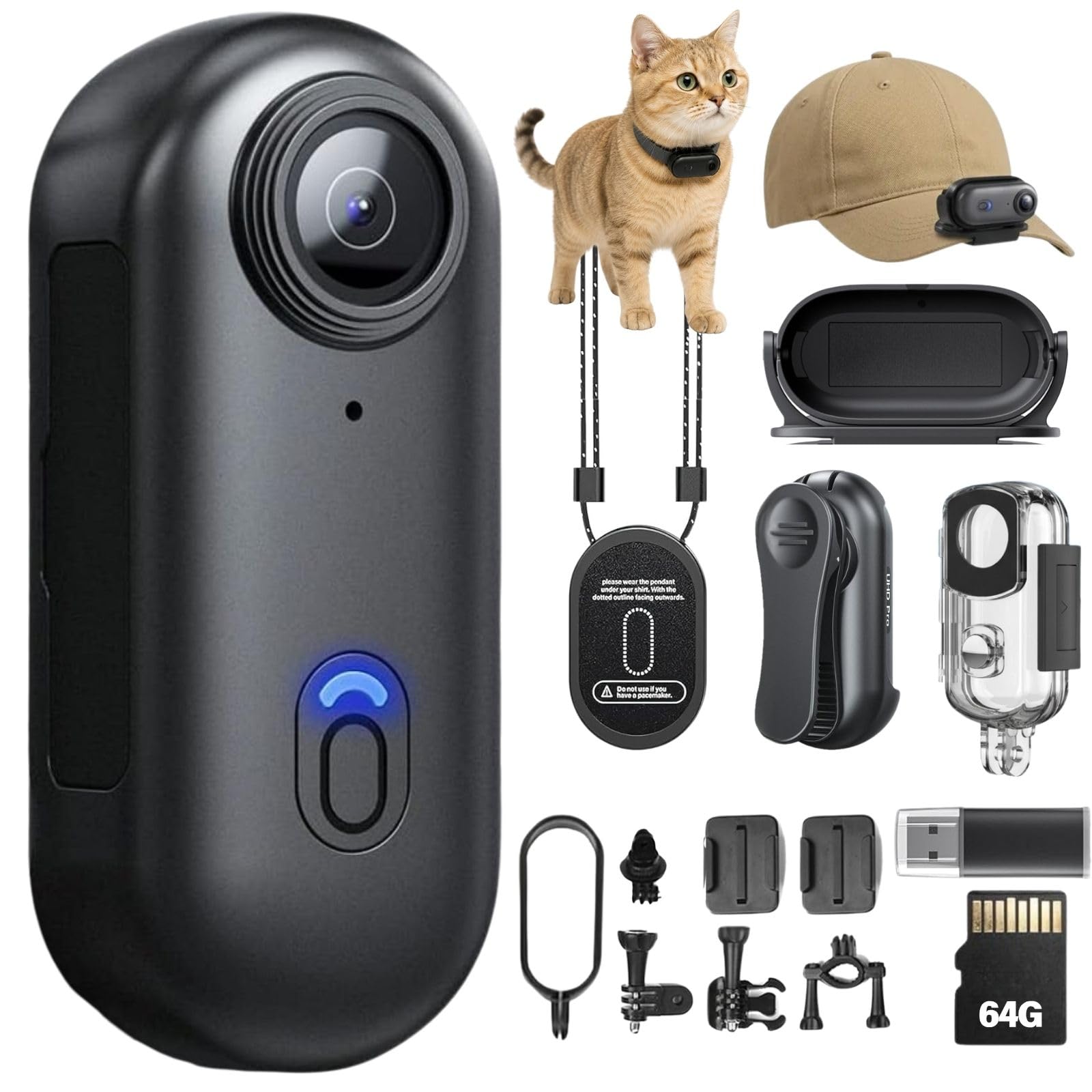 H88 4K Body Camera con registrazione audio e video, videocamera impermeabile 4K, magnetica e clip a 360°, batteria 120 min per ciclismo, passeggiate con animali domestici (4K-Pro-64G)