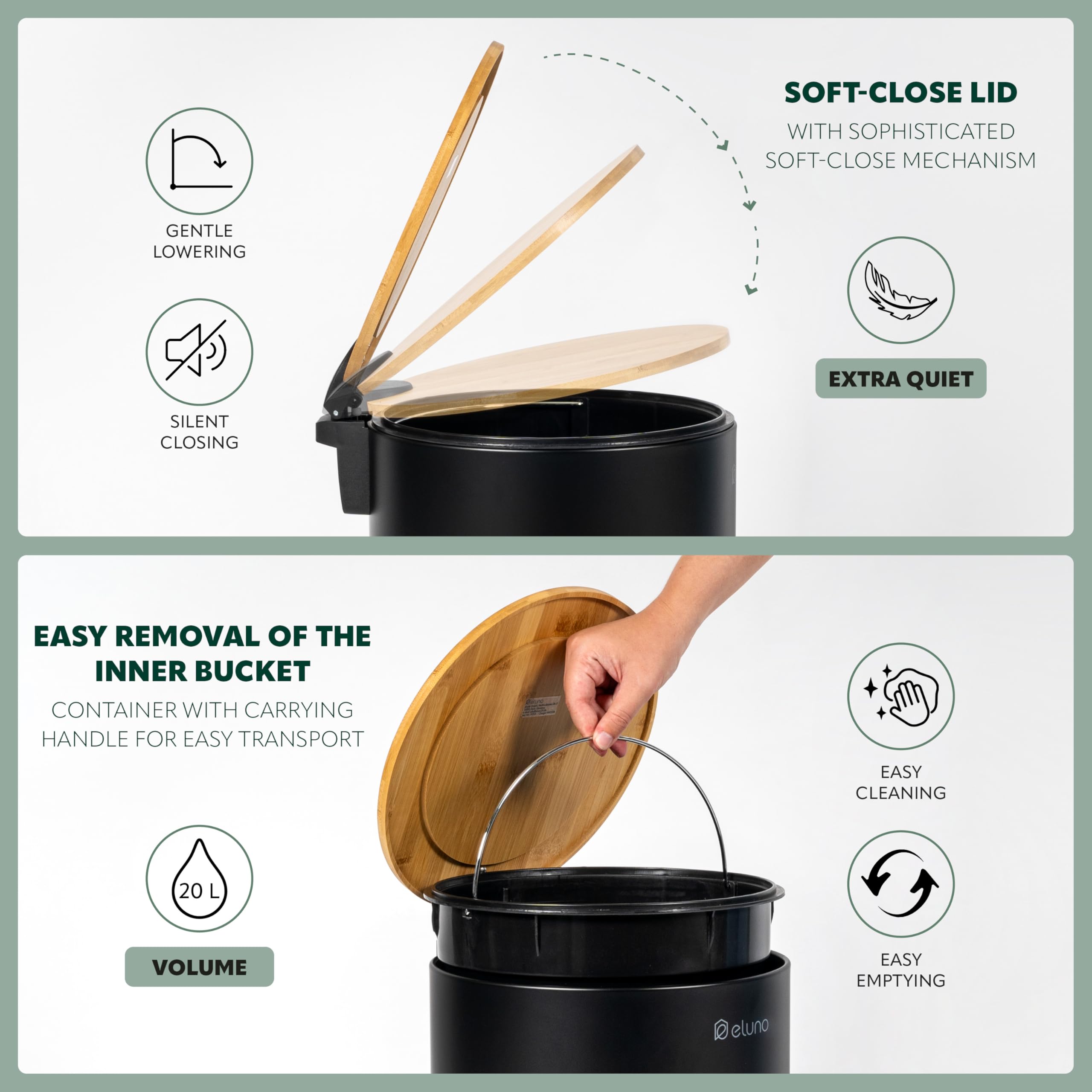 eluno Cubo de basura de cocina con pedal de 20 litros de capacidad, con tapa de bambú de cierre suave para baño, cocina, cubo interior de plástico extraíble, de bambú y metal (Negro)