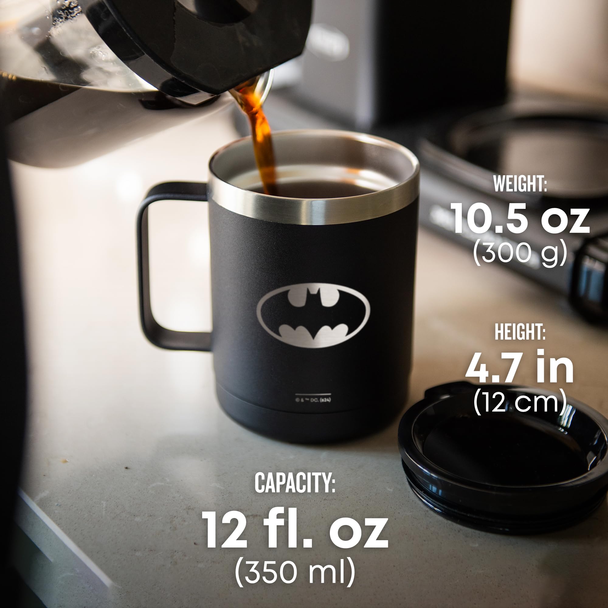 Smartshake Bohtal Izolowany kubek do kawy 350 ml, izolowany próżniowo kubek z pokrywką, szczelny, bez BPA, kubek podróżny do gorących i zimnych napojów (Batman)