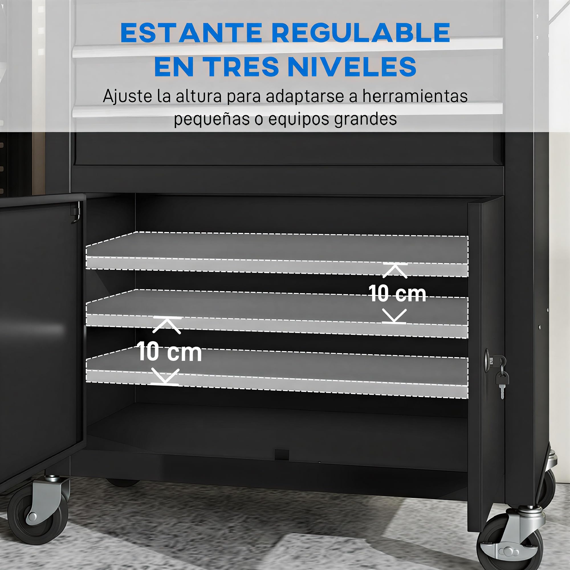 HOMCOM Carro de Herramientas con 3 Cajones y Pegboard, Carro de Taller con Cerradura de Llave, Estante Regulable, 2 Ruedas con Freno, Negro