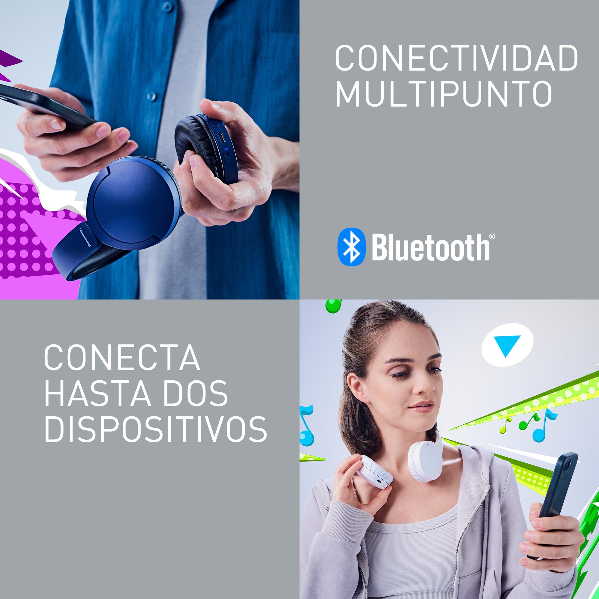 Panasonic HF630B, Street Auriculares Inalámbricos, Supraurales, Micrófono Integrado, Bluetooth 5.3, Multipunto, Diseño Giratorio, hasta 72 Horas De Reproducción, USB-C, Blanco