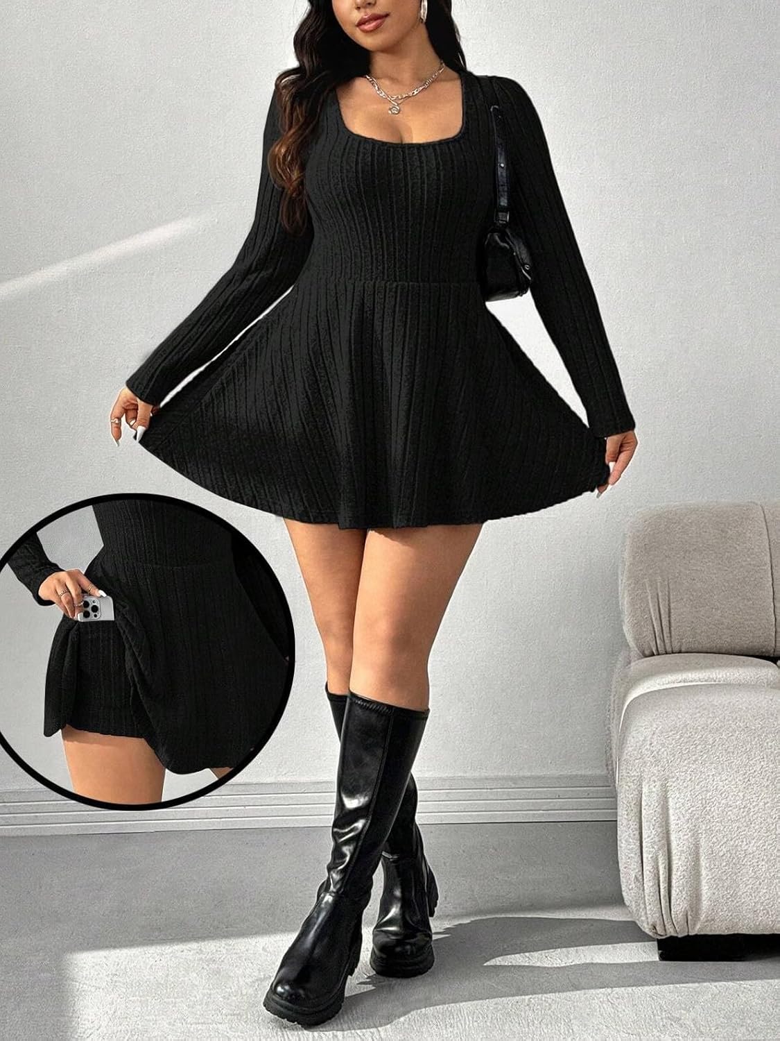 Women's Black Ribbed Knit Off-Shoulder Sweater Dress Have Pockets Casual Sportswear - Image 2