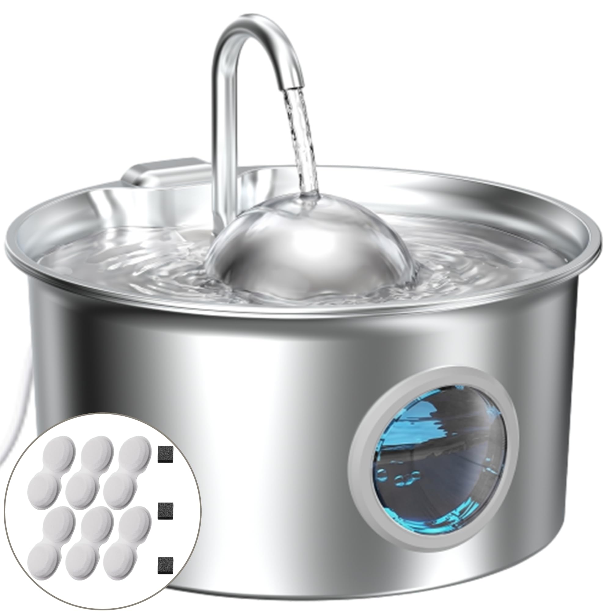 Fontana per Gatti Acciaio Fontanella Gatto: 2.6L Fontanella Gatti Acciaio - Distributore Acqua Gattis Automatico - Fontanellas per Cani con Finestra Livello Acqua - con 6 Filtris + 3 Spugnes