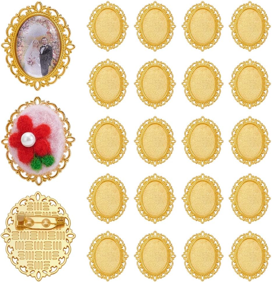 PH PandaHall 20PCS Cabochon Brooch Oval Blank Bezel Tray with Pin Vintage Style Golden Brooch Pins Cabochon Frame Photo Pins Base for Wedding Christmas Thanksgiving DIY Jewelry Making