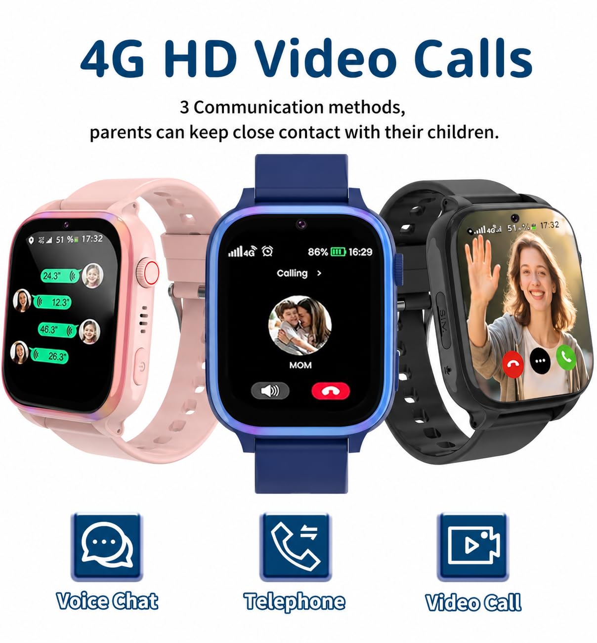 4G Smartwatch Bambini con GPS e Videochiamate, Orologio Telefono con SOS | Localizzatore WiFi e LBS Batteria 700mAh Modalità Scuola Chat Vocale Torcia Sveglia IP68 Regalo per Ragazzi Ragazze 5-12 Anni