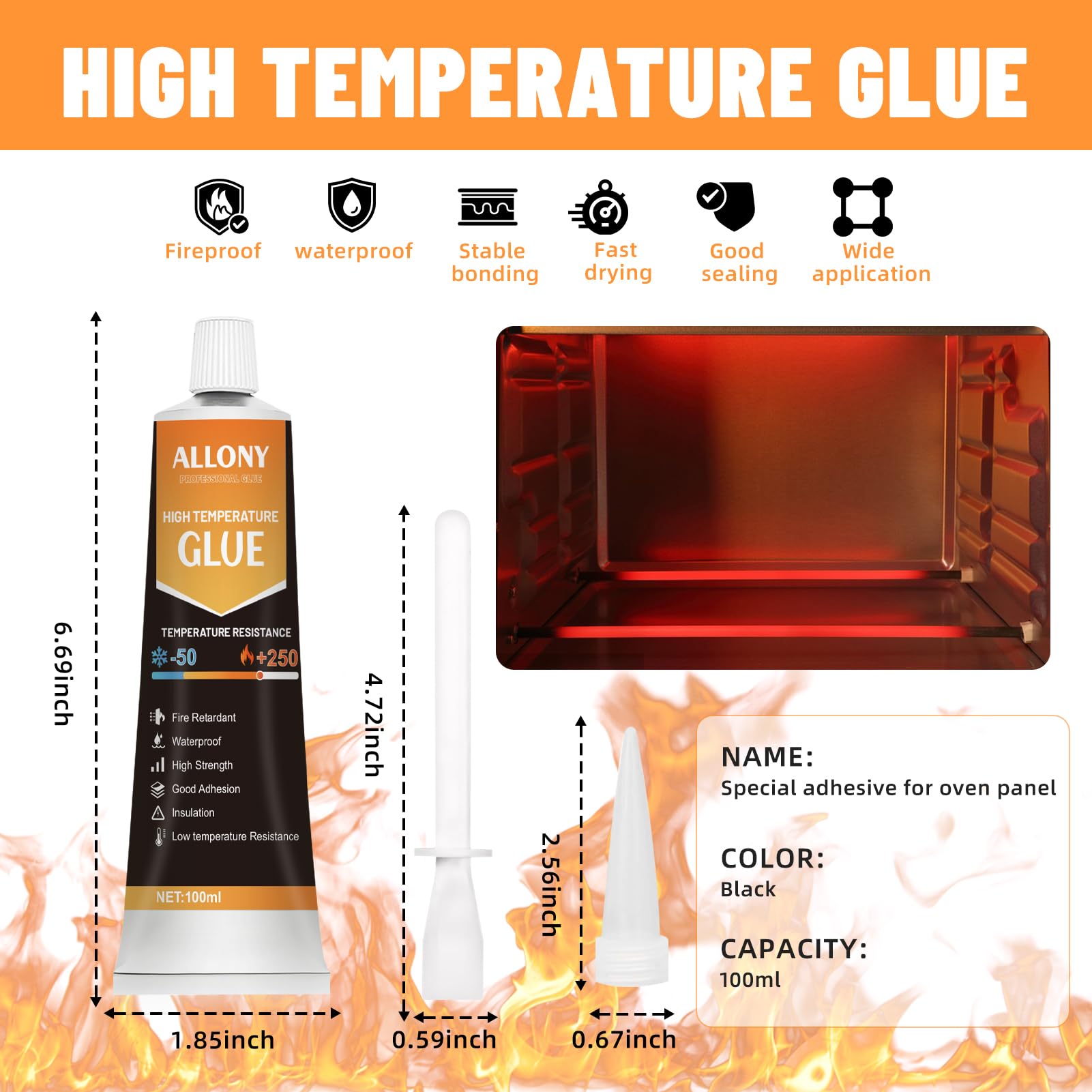 ALLONY Silicone Alta Temperatura, Silicone Trasparente, Cemento Refrattario, Resistente al Calore, Elevata Adesività, Adatto per Auto, Caminetti, Stufe, Forni, Elettrodomestici, ecc - 100 ml