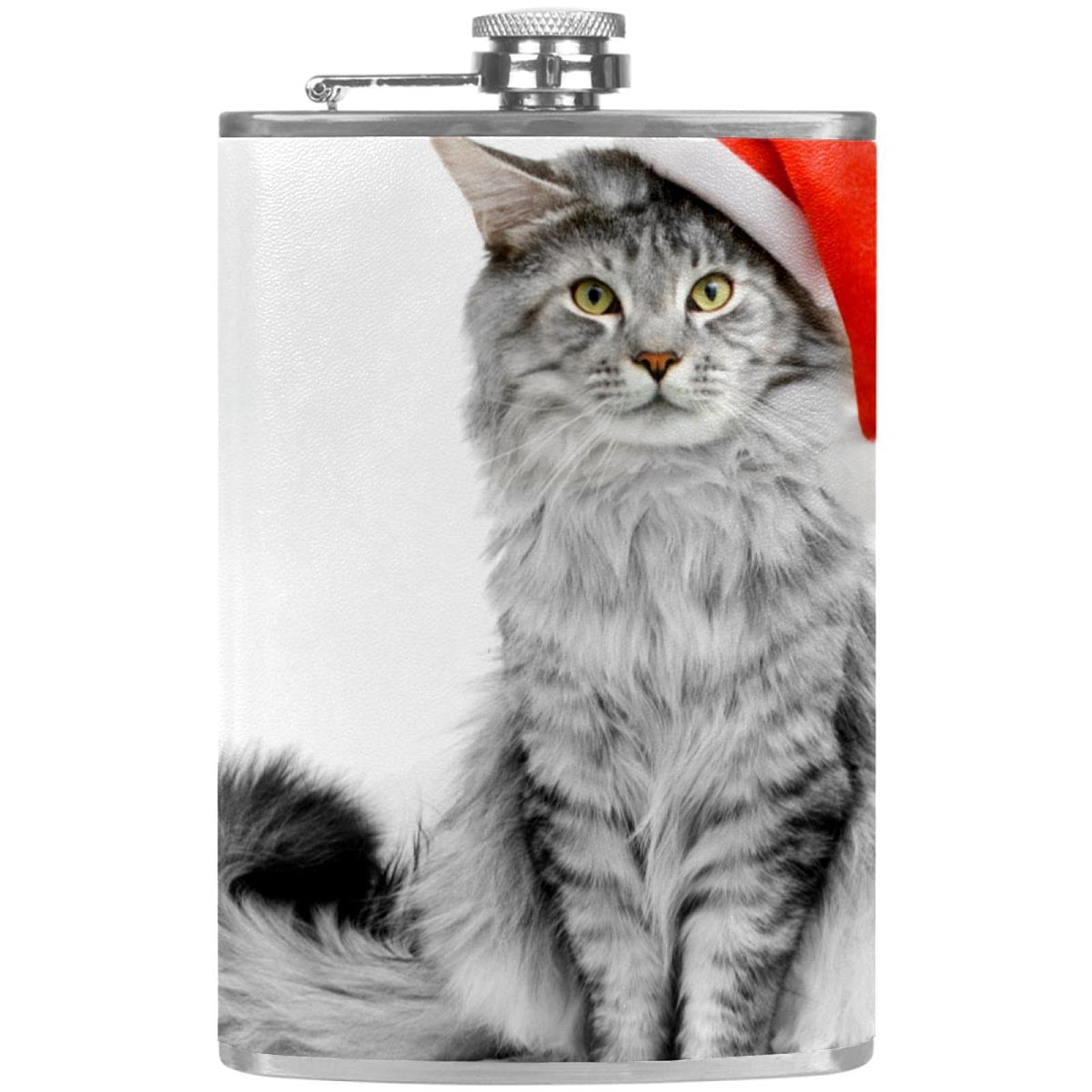Petite flasque pour liqueur en acier inoxydable avec entonnoir motif chat gris