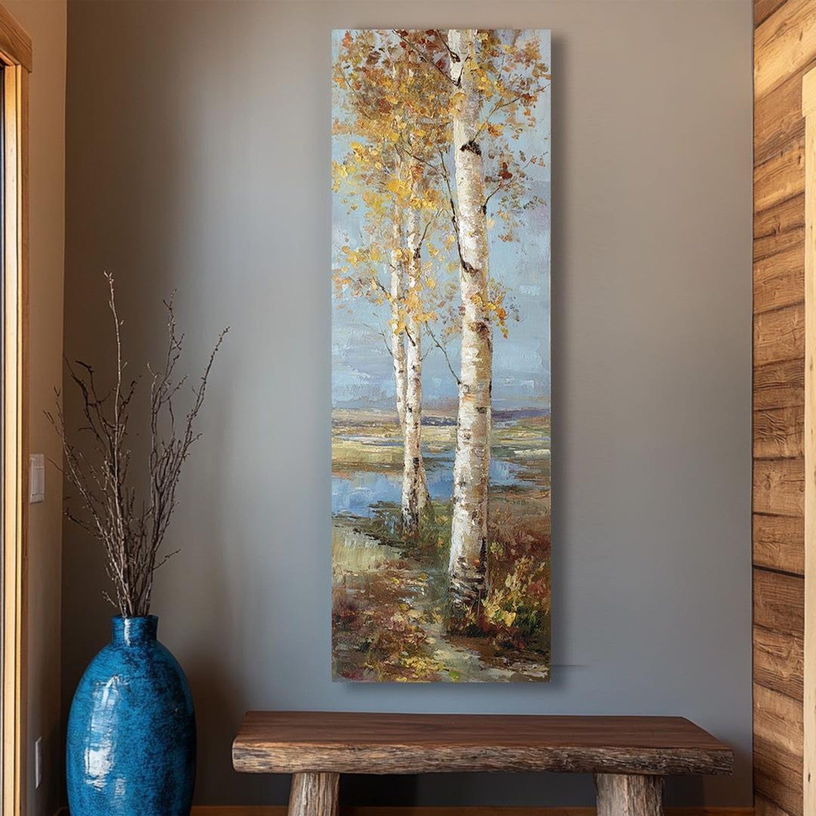XBTYKPB Scenic Birch Painting, Long Narrow Birch Tree Pictures, Tall and Thin Canvas wall art, Tree Wall Art, Vertical Wall Art(45x135cm/Frameless)