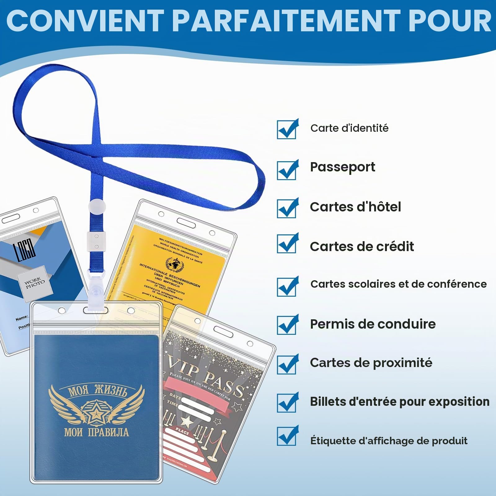 100 Pièces Porte Badge A6, 11 x 16 cm, avec Cordon et Boucle Réglable, Porte Badge Verticaux, Étanche à L'eau, PVC Transparent Porte-Carte D'Identité, Pour Employés, Étudiants, Expositions