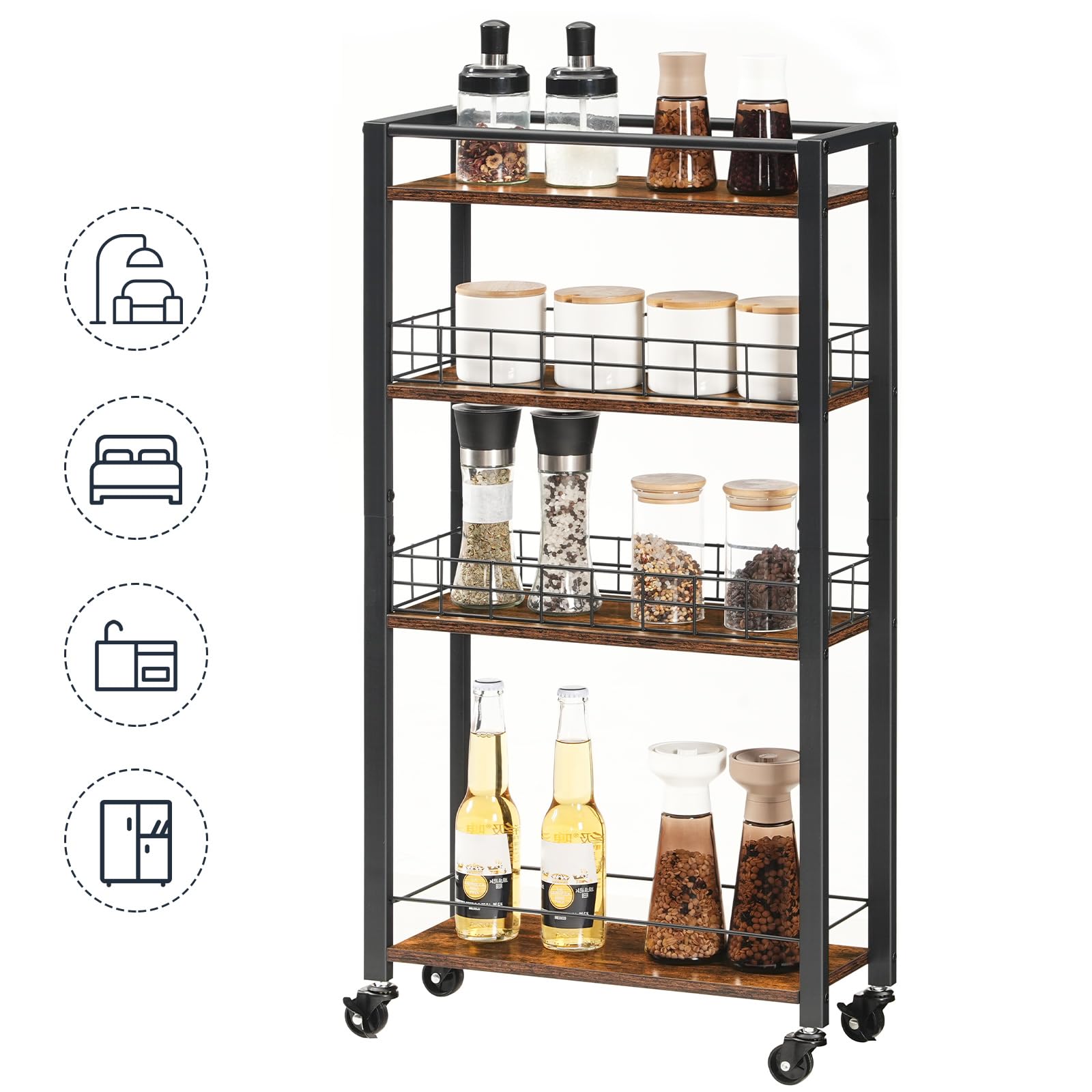 HOOBRO Carrello da Cucina a 4 Ripiani, Carrello di Servizio Stretto e Multifunzione, con Ruote e Cestelli in Rete, per Cucina, Bagno, Sala da Pranzo, Lavanderia, Marrone Vintage e Nero EBF17TC01