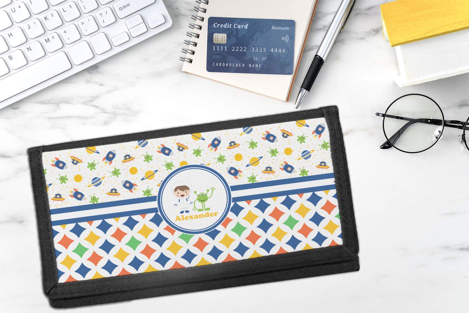 Personalized Boy's Space & Geometric Print Canvas Checkbook Cover
