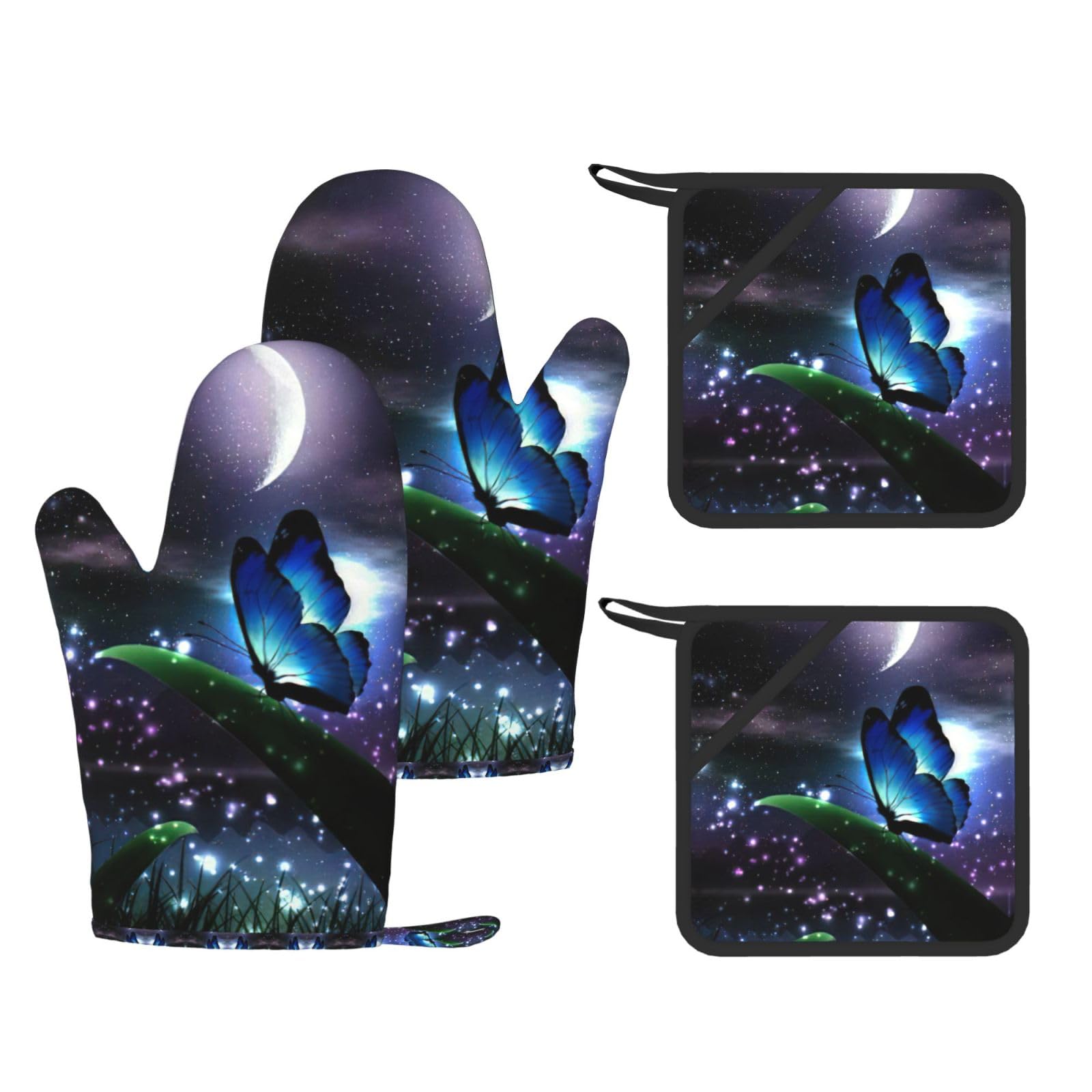 butterfly night Trendy Printed Kitchen Set with Heat Resistant Gloves & Non-Slip Hot Pads for Baking & Grilling