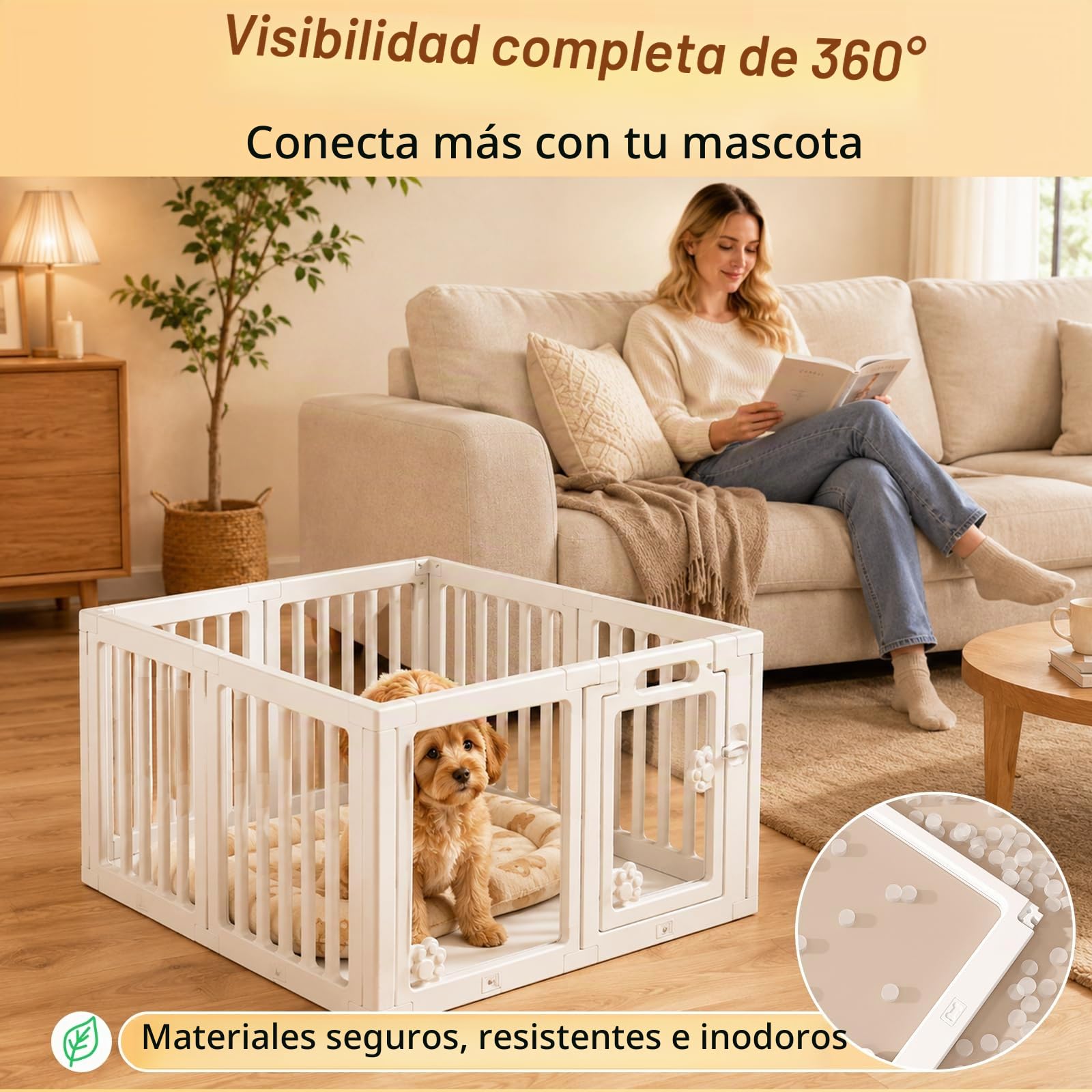 Parque para Perros de Acrílico, 8 Paneles (Altura 60 cm), Corralito Transparente para Cachorros con Puerta con Cierre y Base con Ventosas, Valla Interior para Perros Pequeños, Gatos y Conejos