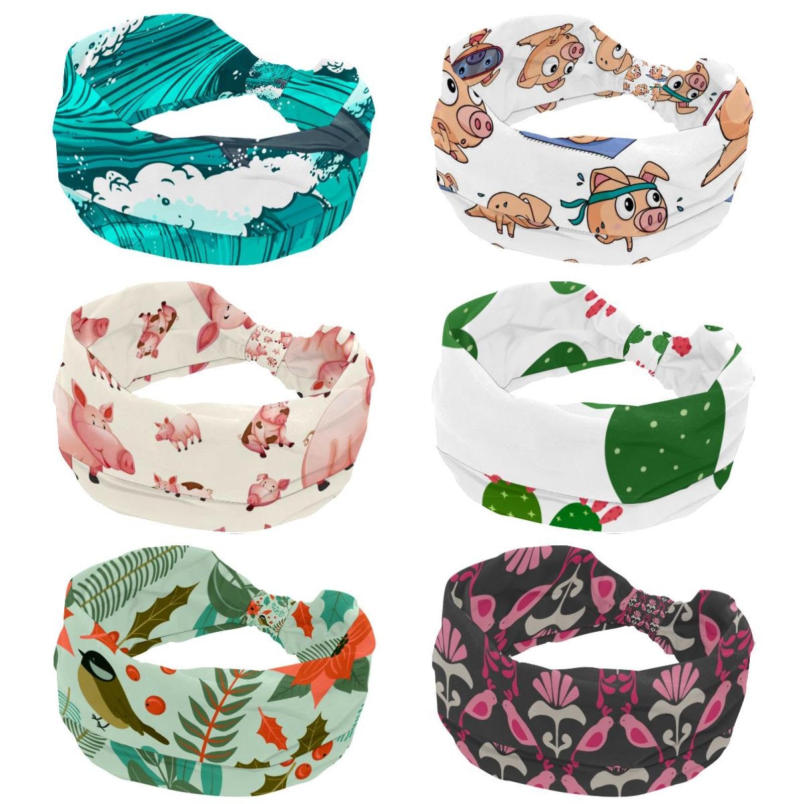 Lot de 6 bandeaux larges et amusants pour femme jouant à la plage, vacances - Élastiques et antidérapants - Pour le yoga, l'entraînement, le quotidien