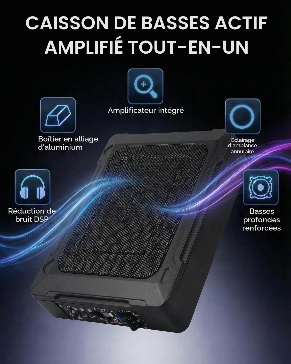 Subwoofer Voiture Ultra-Plat 1000 W Max, Amplificateur Intégré | Boîtier Compact sous Siège, Basses Renforcées et Montage Facile pour Voiture et Camion