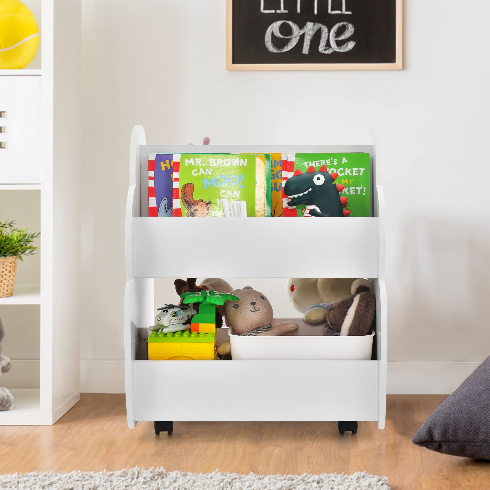 HOMASIS Libreria giocattolo per bambini, con 2 scomparti, in legno, con 4 ruote, per cameretta dei bambini, sala giochi e asilo (bianco), DZ10133