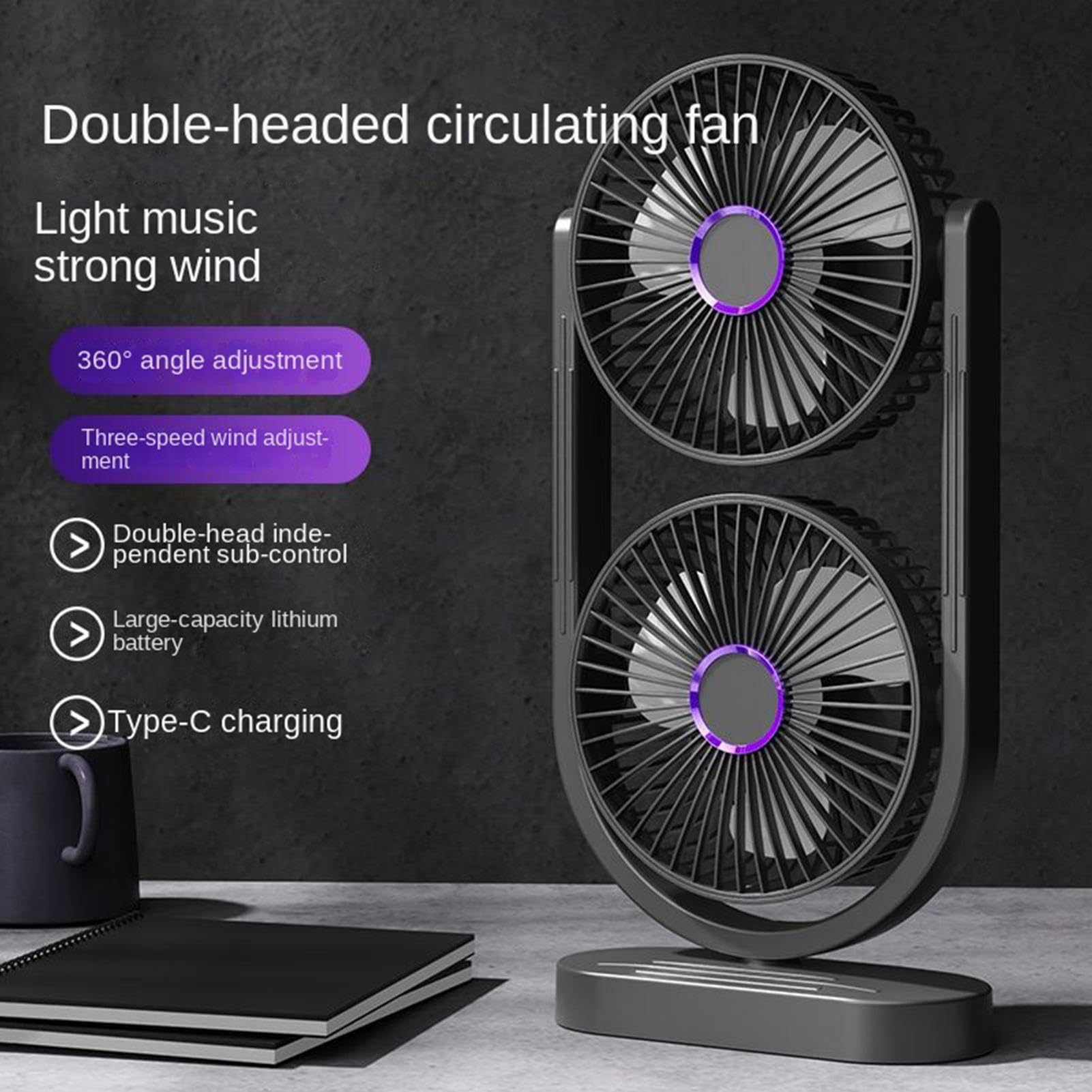 Ventilador de Mesa Silencioso Doble cabezal recargable refrescante y | ventilador de sobremesa para verano y refrigeración de escritorio para apartamento dormitorio salón cocina oficina