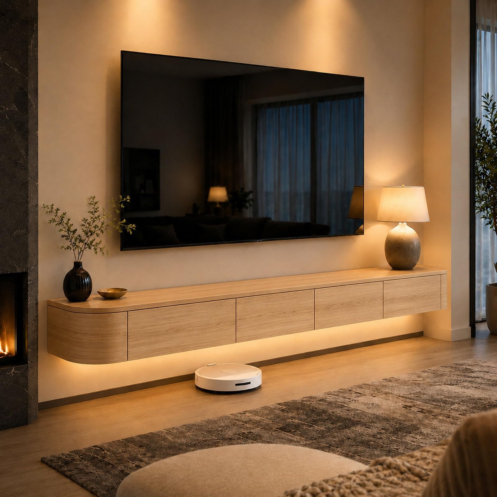 Meuble TV suspendu 200cm en bois moderne pour salon