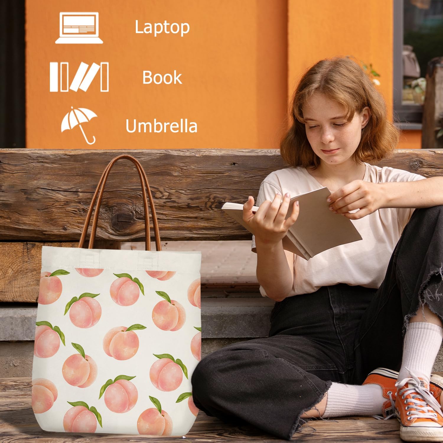 Peach Tote Bag, Cute Canvas Tote Bags Reusable Shoulder Bag for Travel Work Shopping Gym, Birthday Aesthetic Handbag Gifts For Women Teacher Besties Friends -15 - Image 5