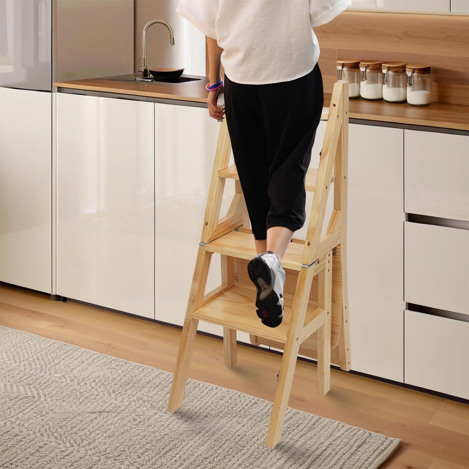 Taburete plegable de madera, 2 en 1, con cierres seguros, guante de protección, silla de escalera multifuncional para dormitorio, oficina, apartamento, cocina