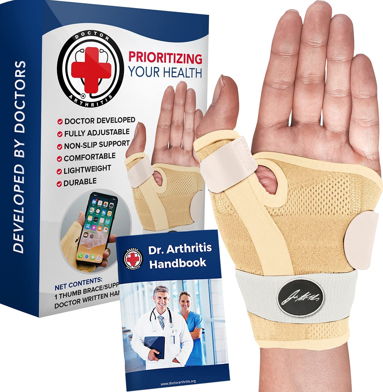 Doctor Developed Thumb Support Brace & Doctor Witten Handbook / Thumb Splint / Trigger Thumb Brace / Thumb Support for Arthritis - Thumb Spica Splint - Thumb Splint for Right Hand/Left (Nude, Single)