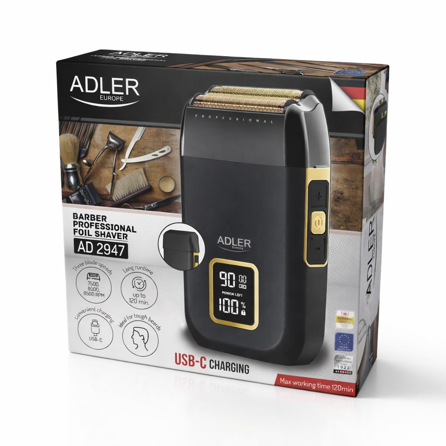ADLER EUROPE AD 2947 profesjonalna golarka foliowa z podwójną głowicą golącą, folia tytanowa, 3 prędkości 7500-8500 obr./min, wyświetlacz LCD, USB-C, akumulator litowo-jonowy 1400 mAh