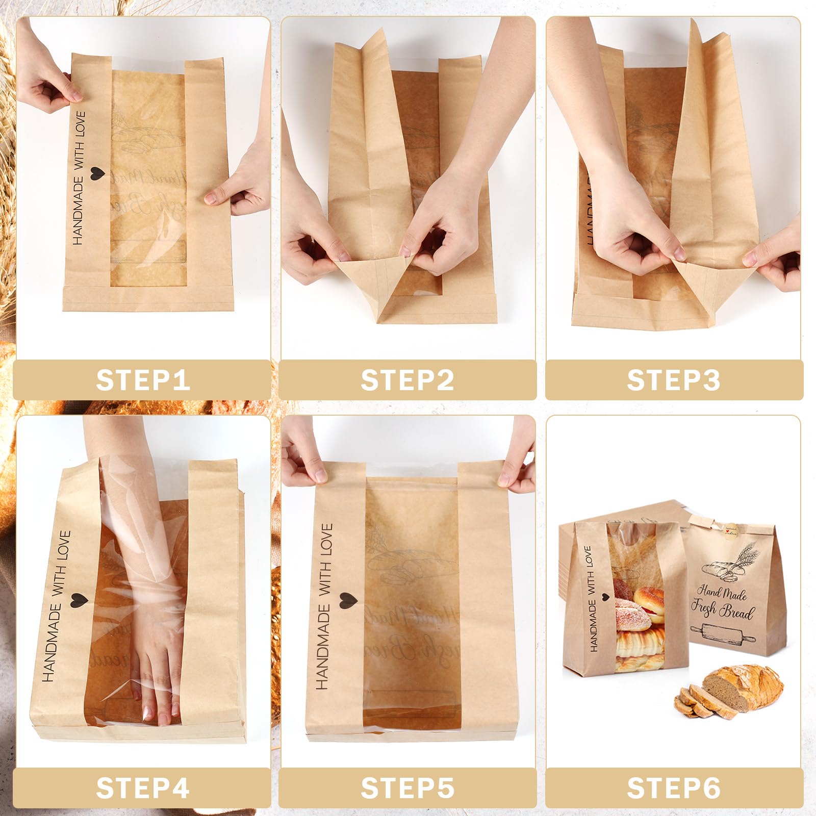 VVNIAA 100 Pack Kraft Bread Bags With Window - Large 13.7x8.2x3.5 Inch, Includes Stickers For Homemade Sourdough & Gifting - View #4