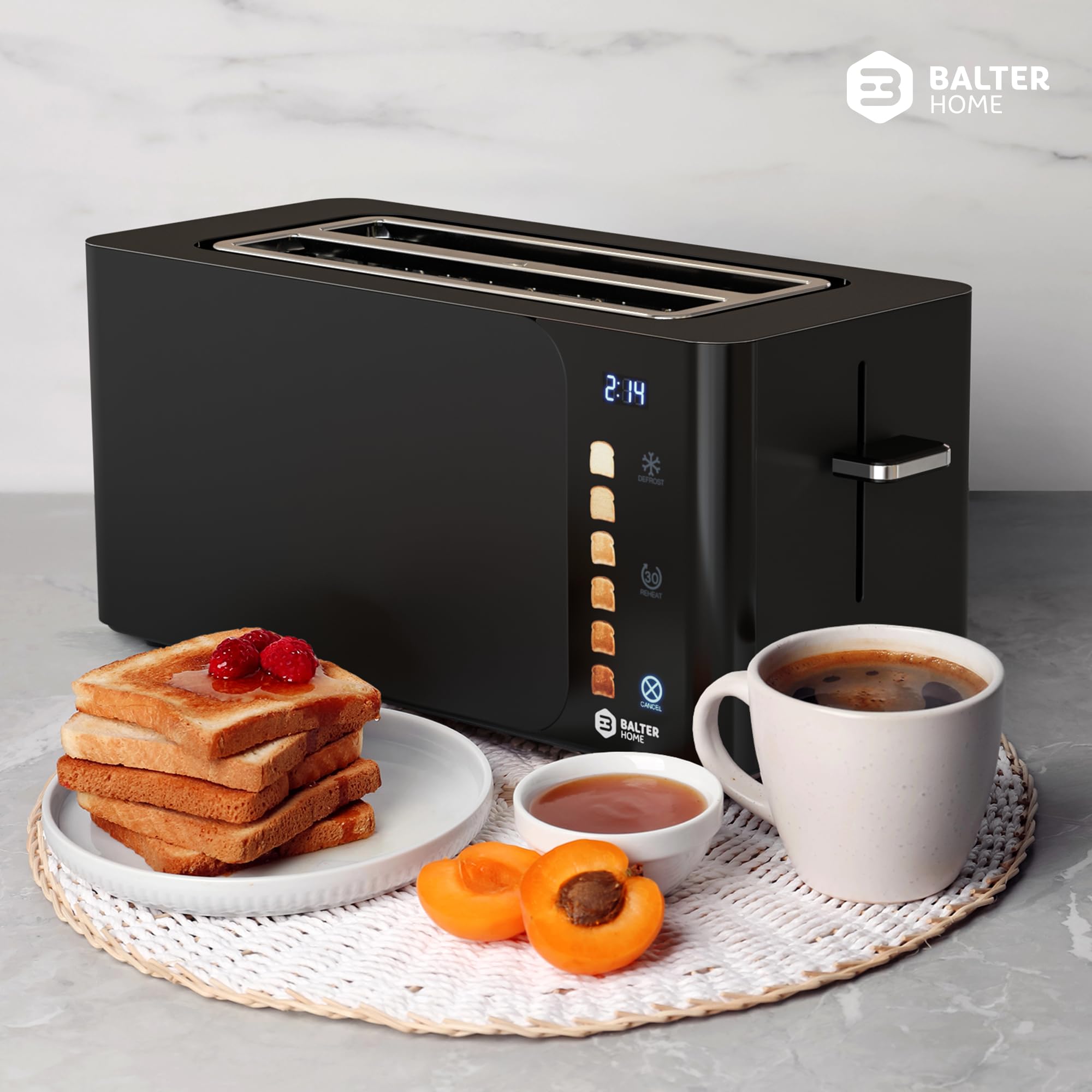 Balter Toaster 4 Scheiben, Touch Bedienung, Langschlitz, Edelstahl, Brötchenaufsatz, LCD Display Langschlitztoaster, Auftaufunktion, Brotzentrierung, TS-44 Schwarz matt