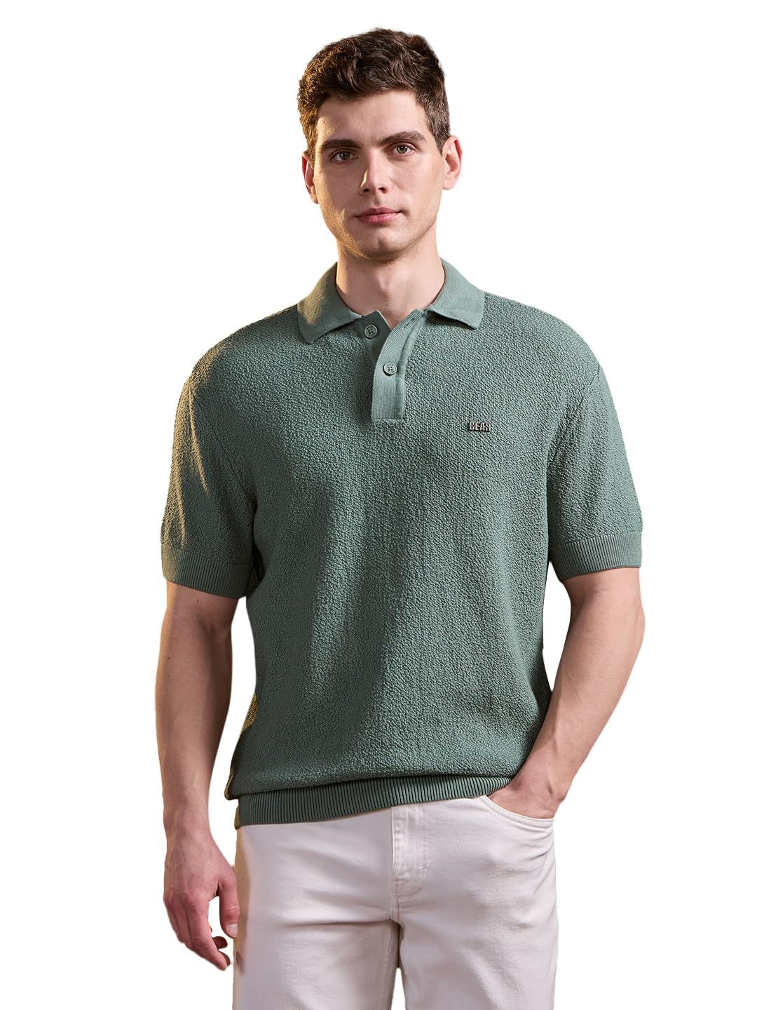 the bear house Men's Green Pure Cotton Textured Knit Polo-picture-35