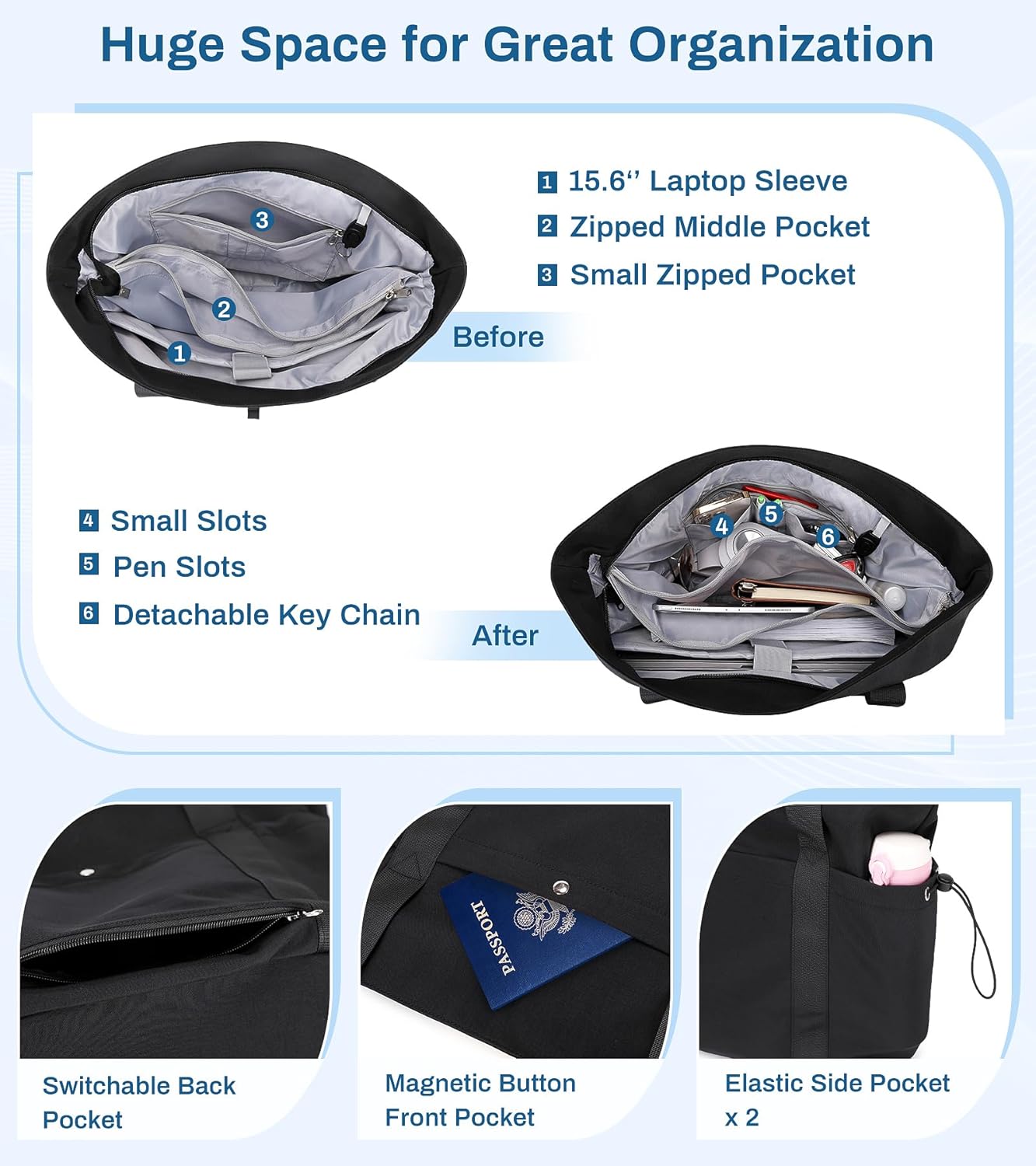 Travel Tote Bag, Multi Pocket Work Tote Bags for Women Fits 15.6'' Laptop Shoulder Bag with Zipper Shopping Bag - Image 4