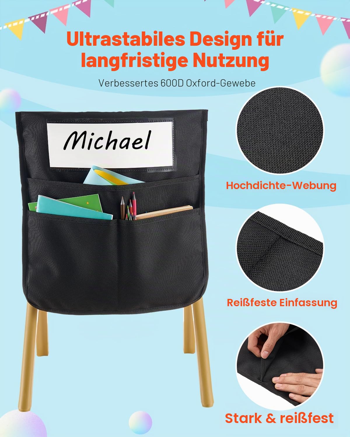 VEVOR Klassenzimmerstuhltasche, 24er-Pack, 36x38 cm, Rückenlehnentasche mit Namensschild, Stuhlrücken-Organizer für Kinder im Klassenzimmer, Kindergarten, in der Schule & zu Hause, Schwarz