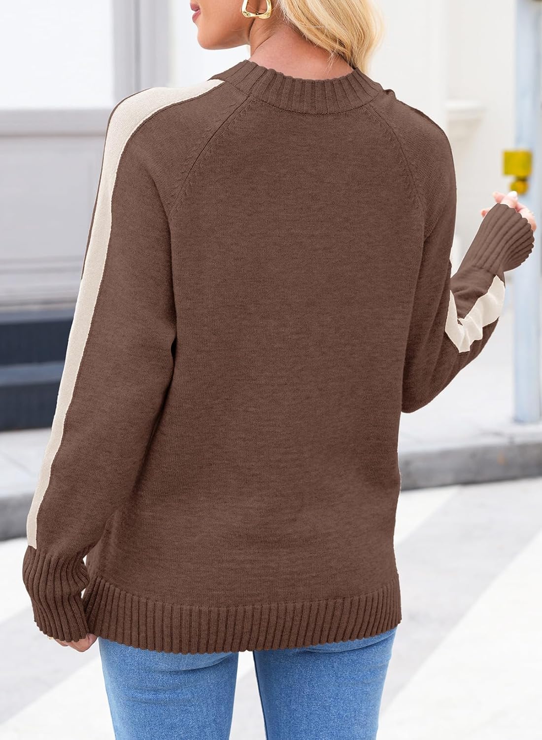 Dokotoo Womens Fall Sweaters Casual Long Sleeve Crewneck Color Block Pullover Knit Tops - Image 2