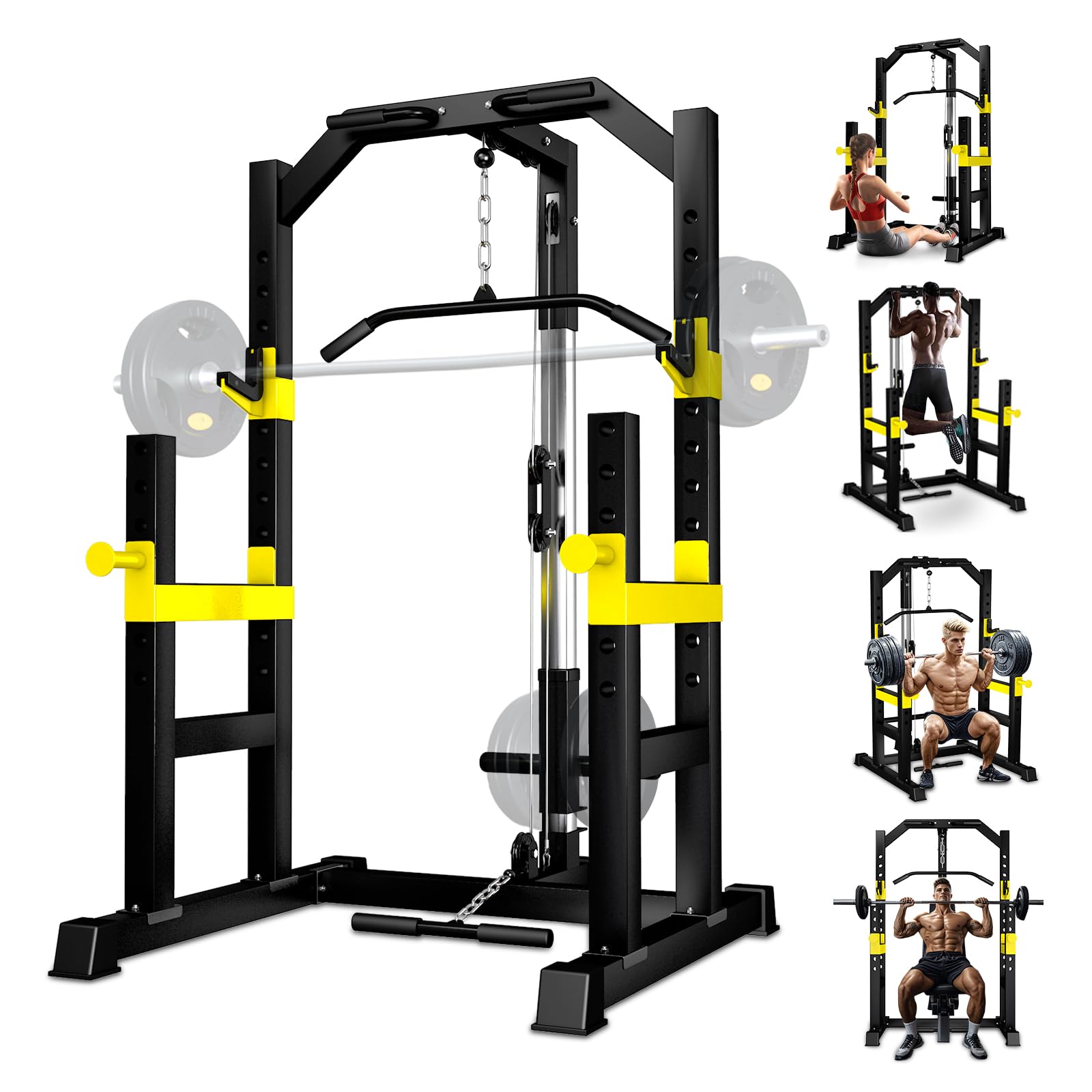 FONBEAR Power Rack, LAT Pulldown, Multi-Function Power Cage with Pulley System for Home Gym, Bench Press, Rowing, Pull-Down Pull-up Bar All in One Workout Cage