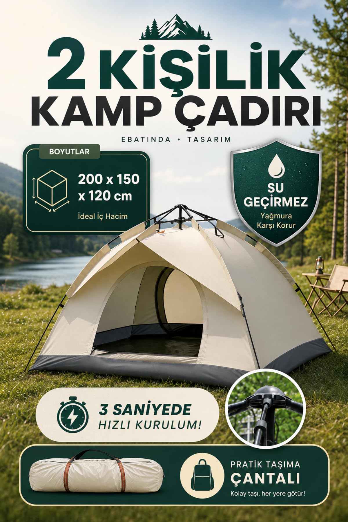 SEYONİ Outdoor AC6634 Otomatik Kamp Çadırı 200X150X120 cm Çift…