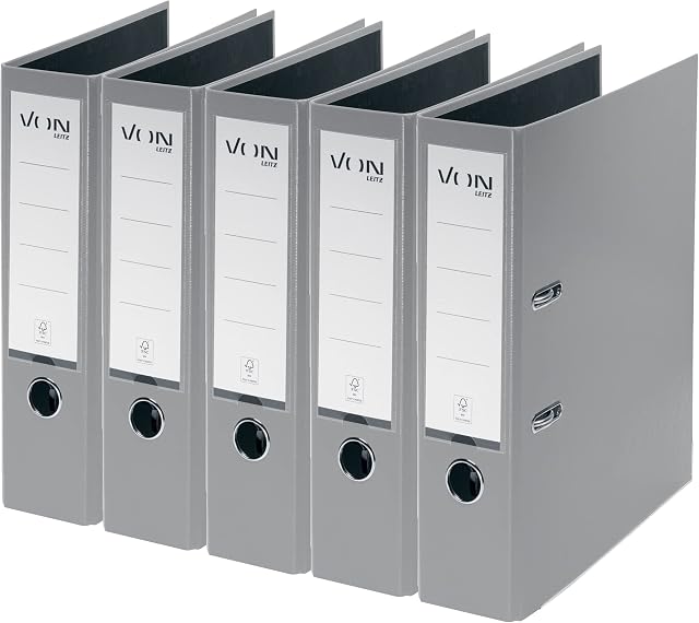 VON Leitz Leitz 10551085 zestaw 5 kartek A4 z plastikową okładką, szerokość grzbietu 80 mm, na 600 arkuszy, karton z certyfikatem FSC, do szkoły, nauki i domu, szary