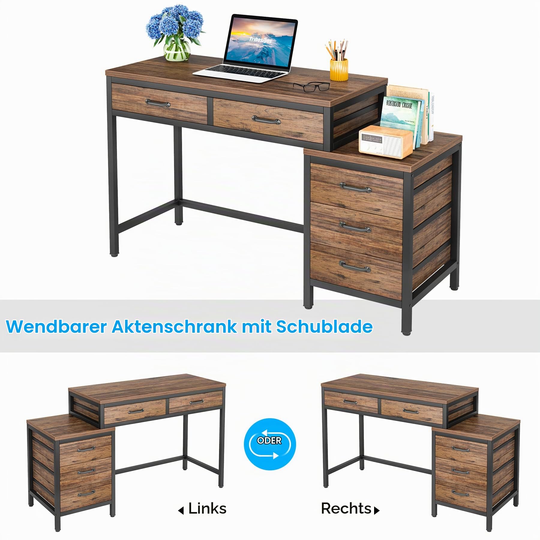Tribesigns Schreibtisch mit 5 Schubladen, Computertisch PC Tisch mit umschaltbarem Schubladenschrank Druckerständer, Bürotisch Schreibtisch Holz Officetisch fürs Büro, Wohnzimmer, Home, 130x45x82cm