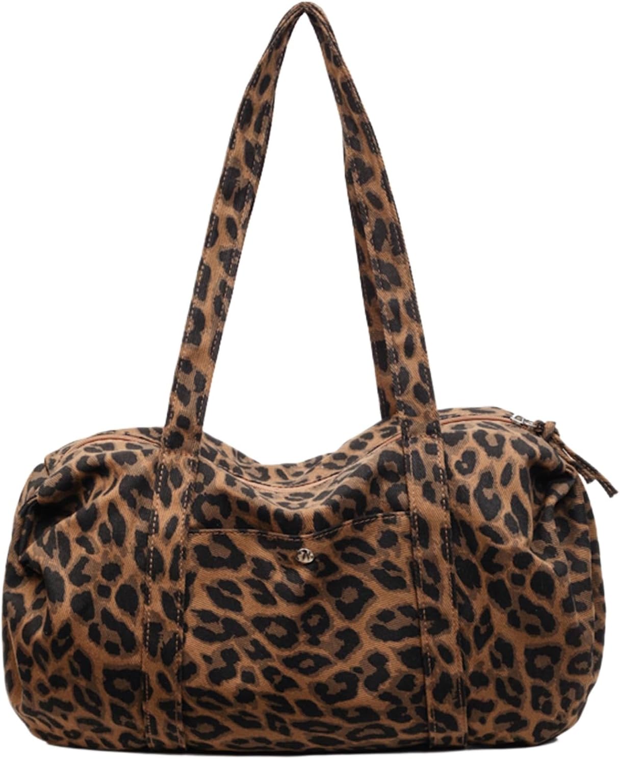Women’s Y2K Leopard Print Nylon Shoulder Bag, Retro CHic Boston Bag, Stylish Causal Barrel Bag for Commute Travel