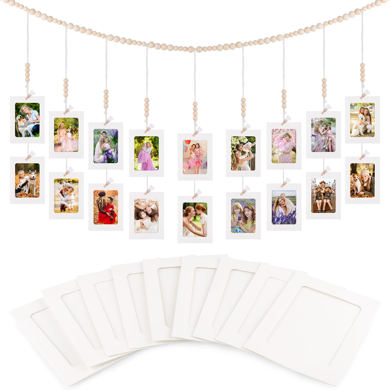 Tahbarshi Fotoseil mit Holzklammern, 20 Stück Aufhängen Fotorahmen 11.5 * 15.5 cm Karton Bilderrahmen mit 20 Stück Clip DIY Bilderrahmen Wanddekoration zum Aufhängen Von Postkarten Bilderrahmens Fotos